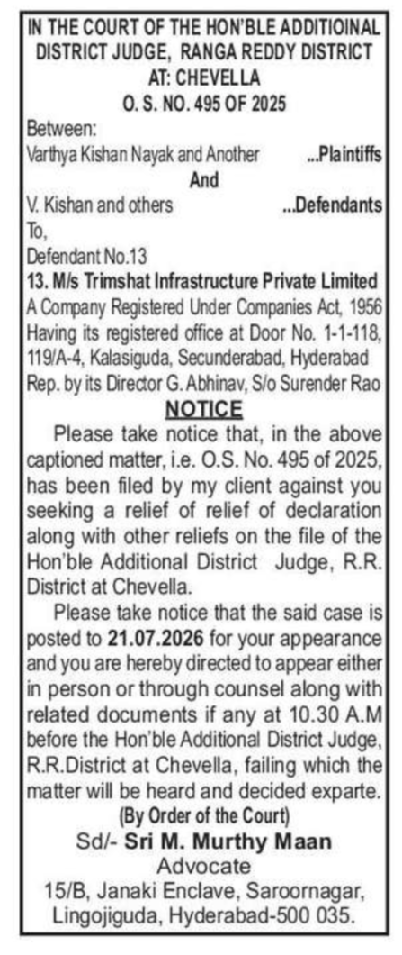 Court Notice - Varthya Kishan Nayak and Another vs V. Kishan and others