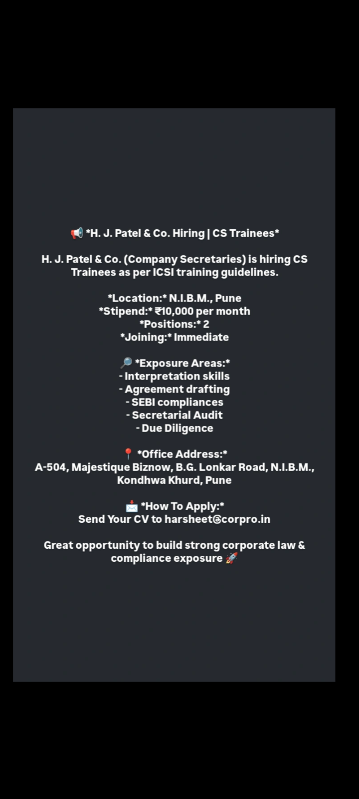 CS Trainee  required in Pune