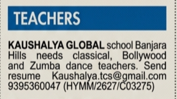 Dance Teachers Required in Hyderabad