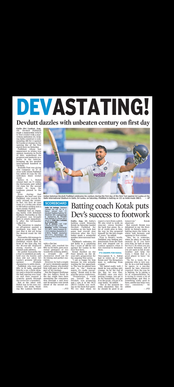 Devdutt dazzles with unbeaten century on first day