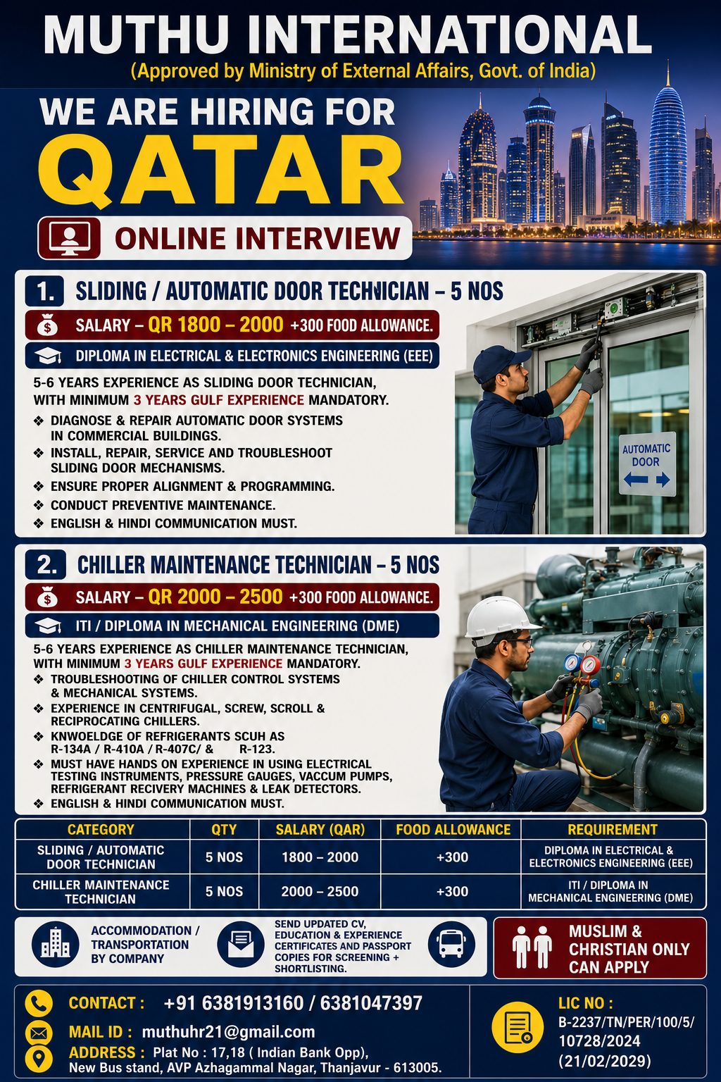 Door & Chiller Technicians required in Qatar