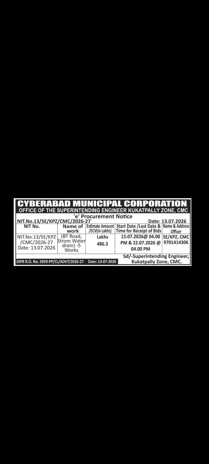 e' Procurement Notice – Cyberabad Municipal Corporation