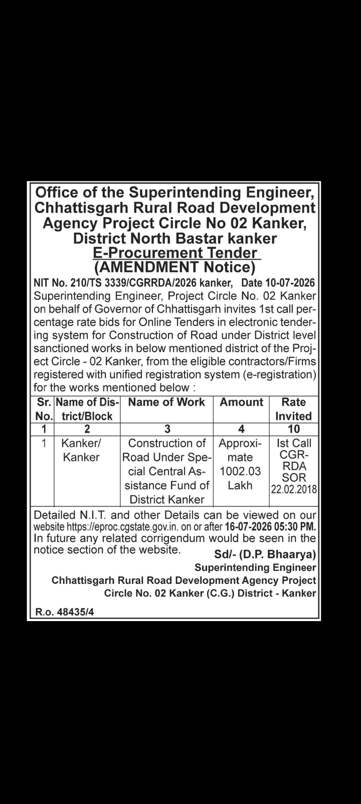 E-Procurement Tender Amendment – CGRRDA Kanker