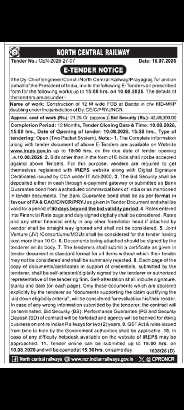 E- tender notice- 🏗️ Construction of Foot Over Bridge (FOB)