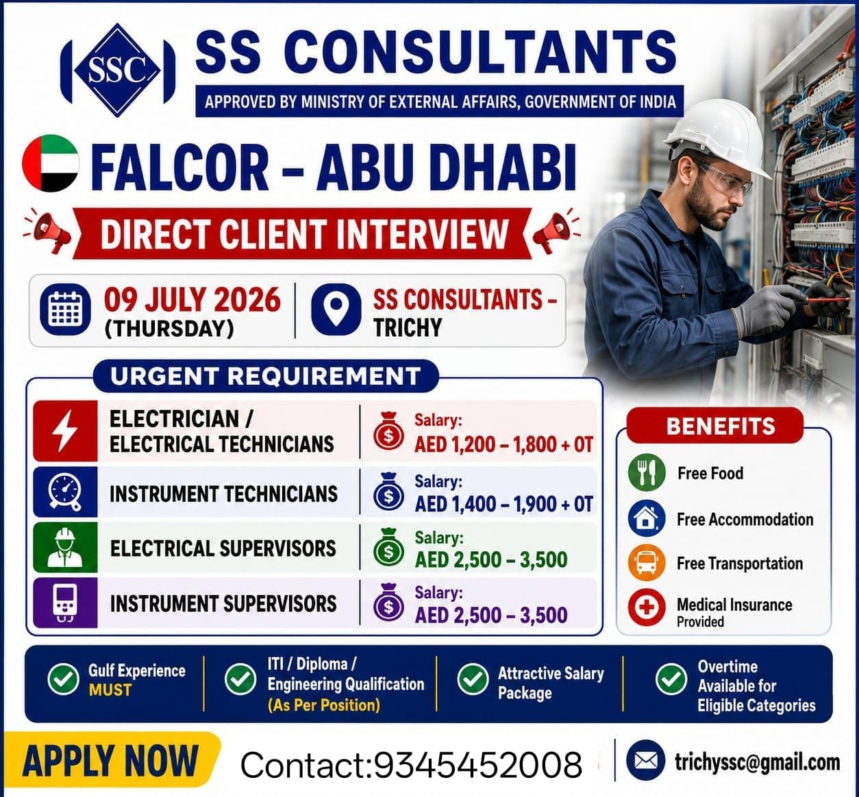 Electricians and technicians required in Abu Dhabi