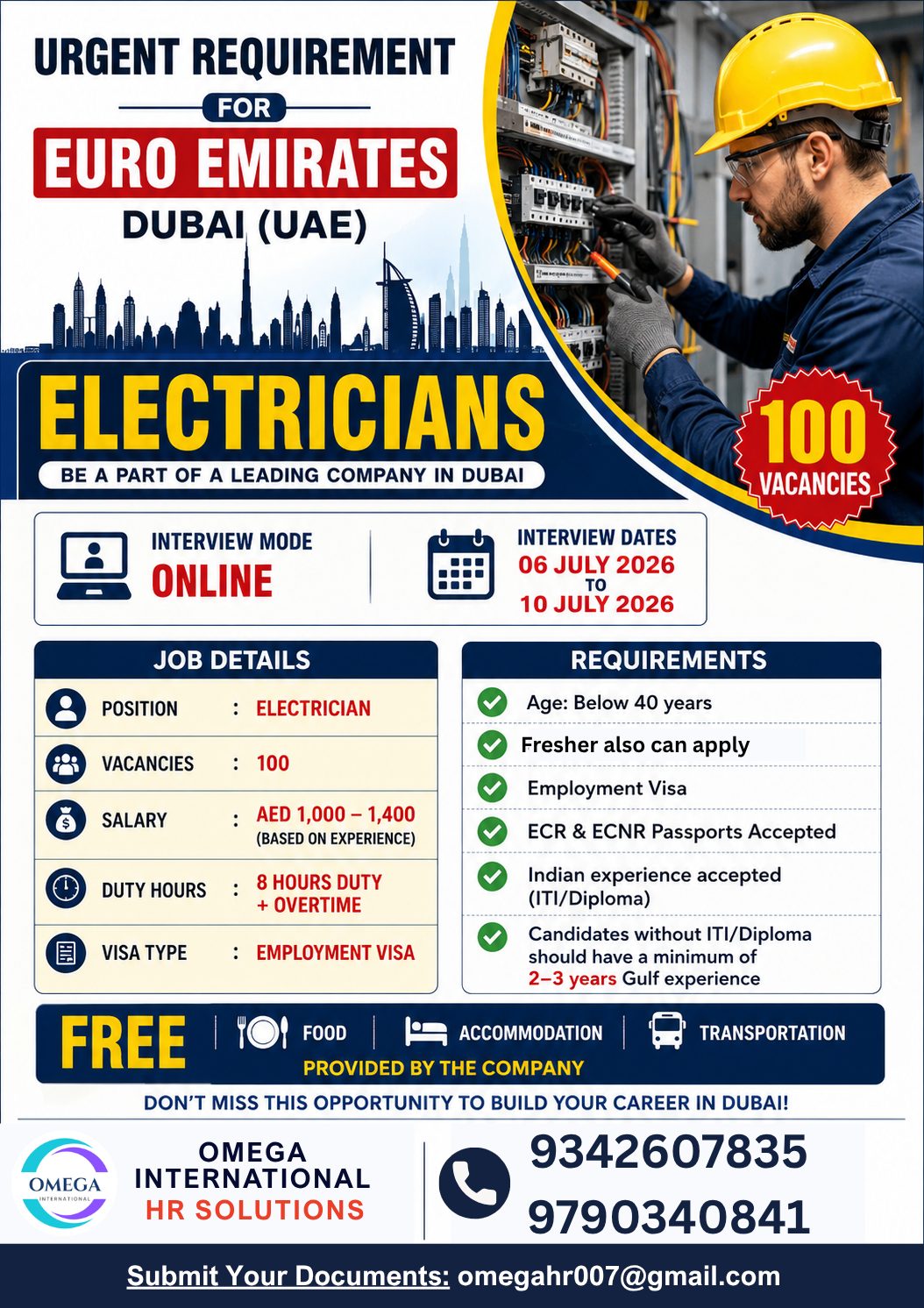 Electricians Required in Dubai 🇦🇪