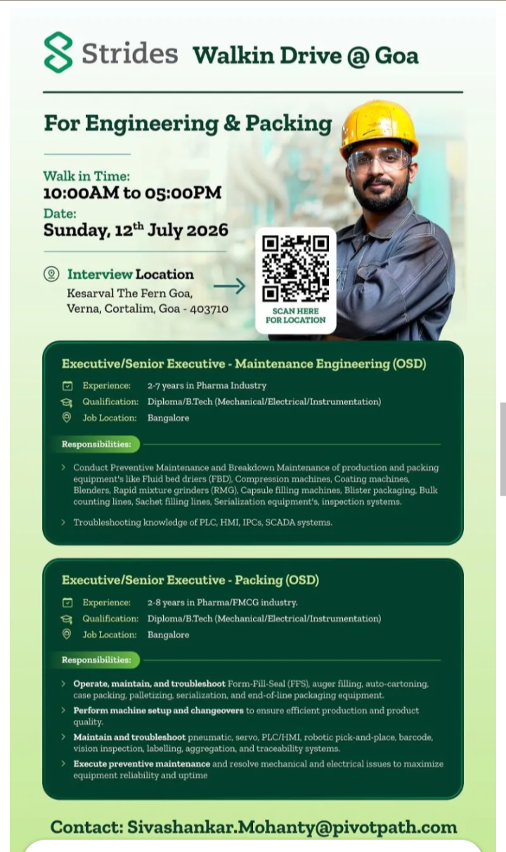 engineers and packing staff Hiring