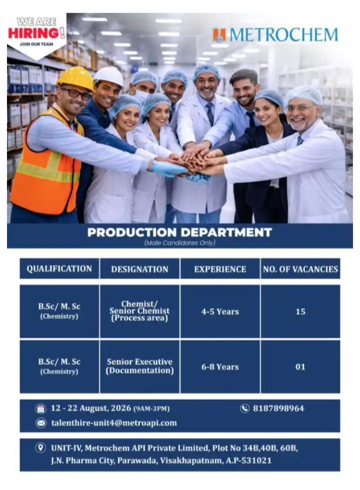 Executive and chemist required in Visakhapatnam