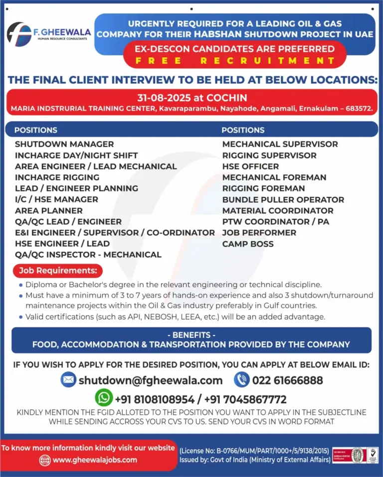 F. Gheeewala HR Consultants – Oil & Gas Shutdown Roles