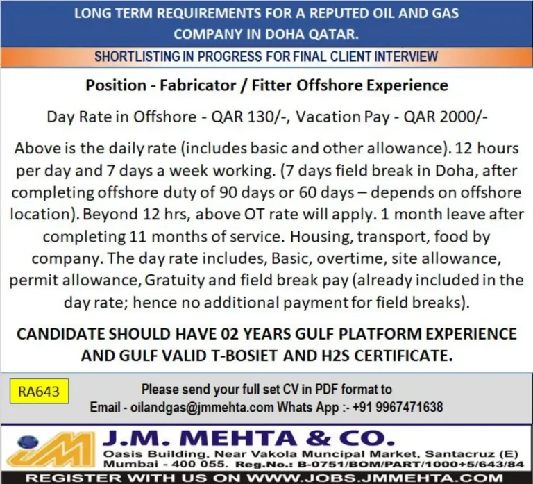 Fabricator / Fitter (Offshore) job opportunities– Qatar