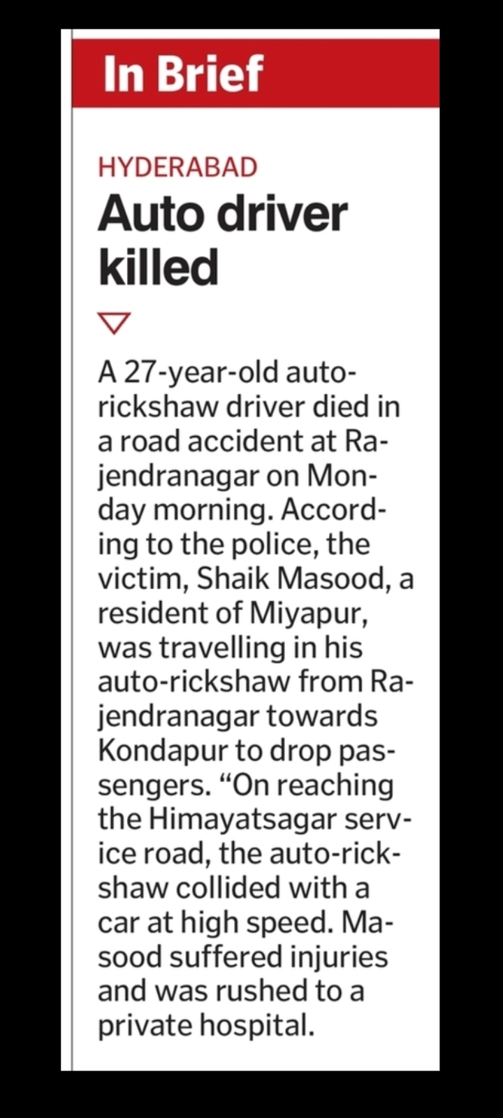 Fatal Road Collision Report – Rajendranagar