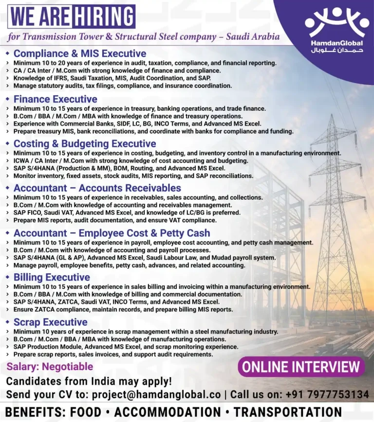 Finance & Accounting Staff Required in Saudi Arabia 🇸🇦