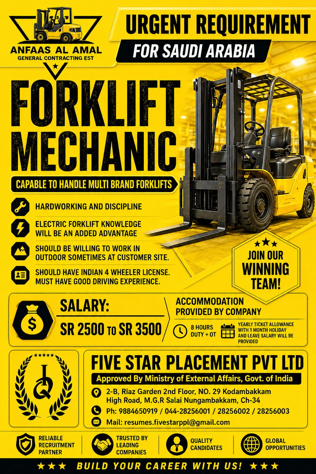 Forklift Mechanic Required in Saudi Arabia 🇸🇦