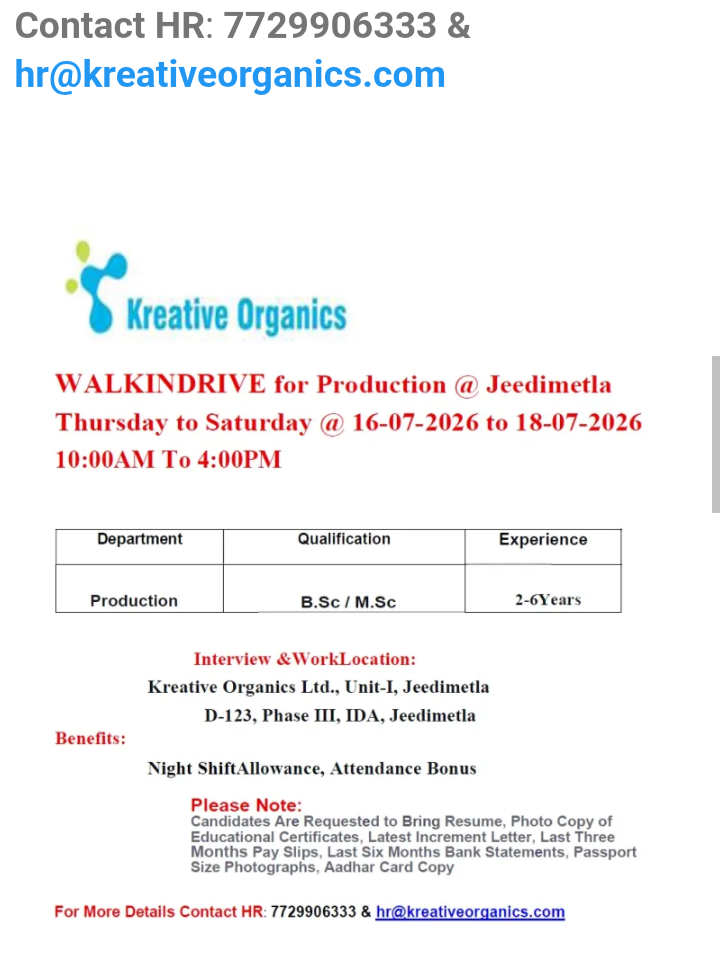Freshers & Experienced candidates  required in production department