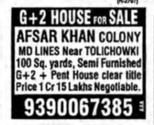 G+2 with Penthouse in Tolichowki for sale