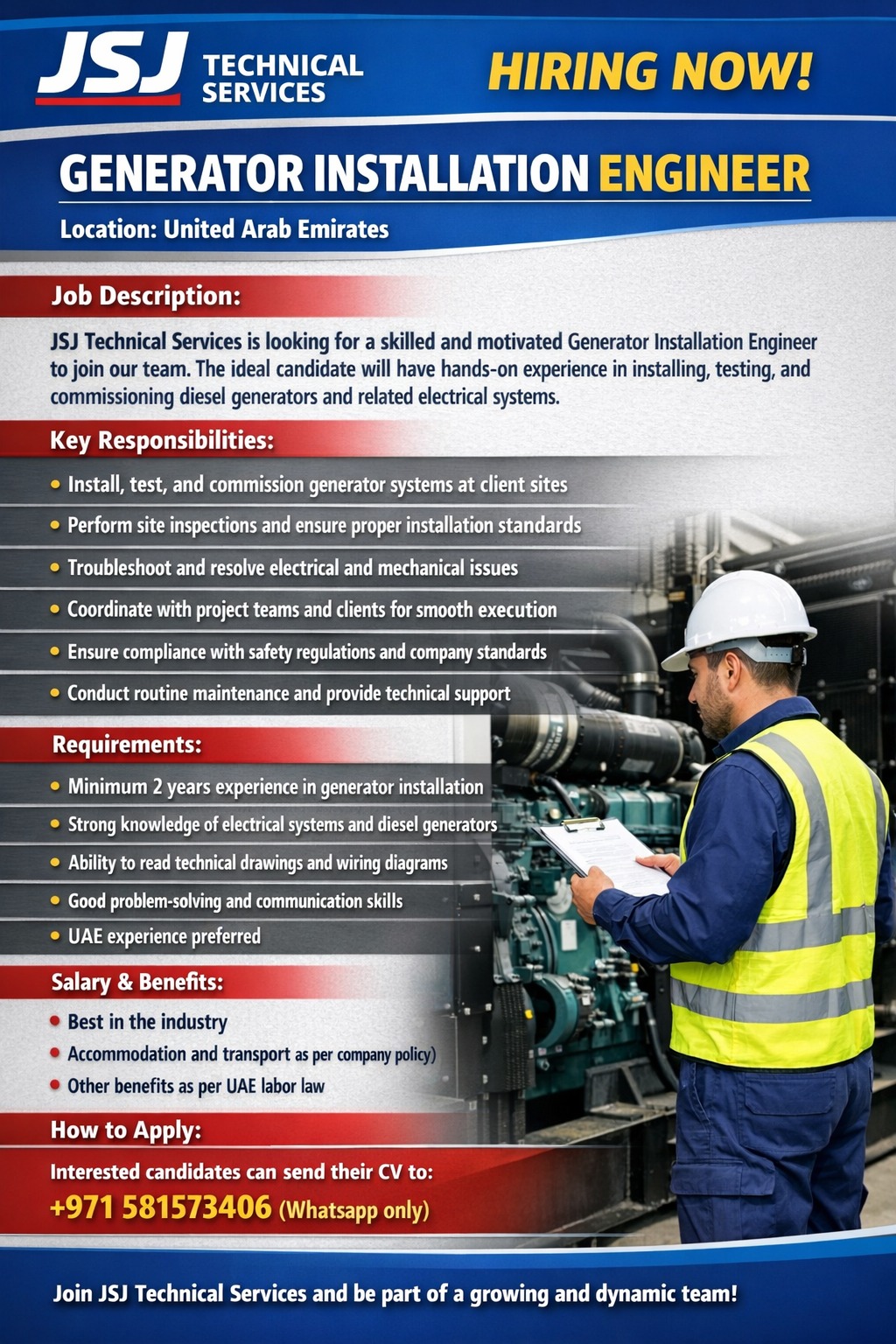 Generator Installation Engineer required in UAE