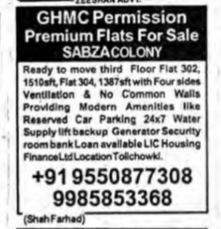GHMC Approved Premium Flats for sale in Sabza Colony
