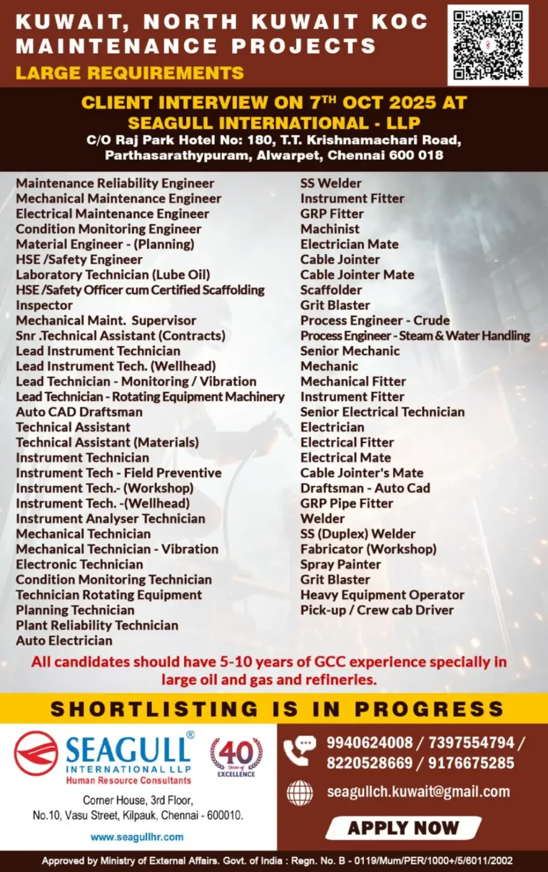 Gulf job -Maintenance Reliability Engineer, Mechanical/Electrical Maintenance Engineer,