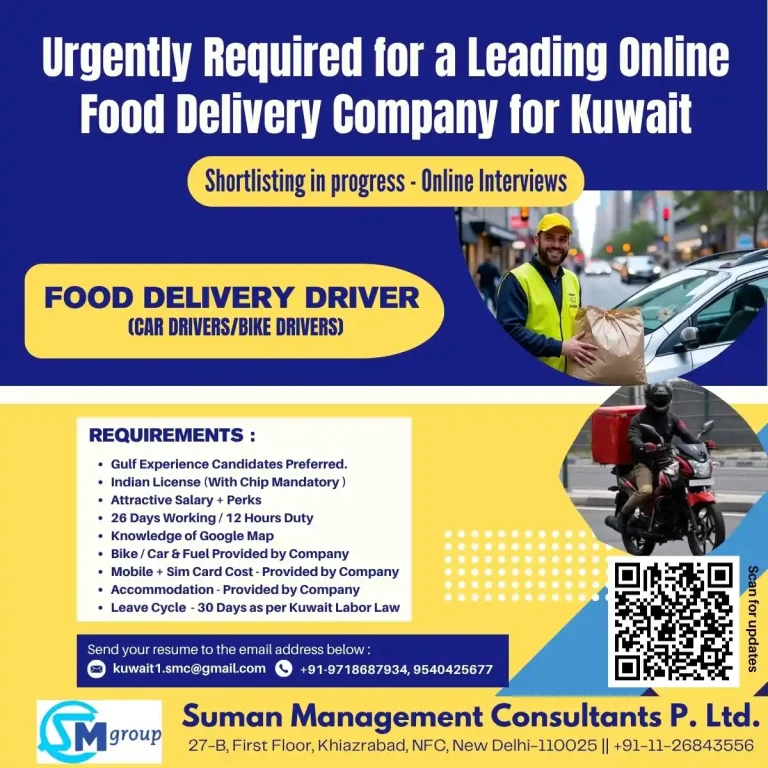 Gulf job-  Urgent Requirement for Food Delivery Drivers (Car/Bike) in Kuwait for a leading online delivery platform.