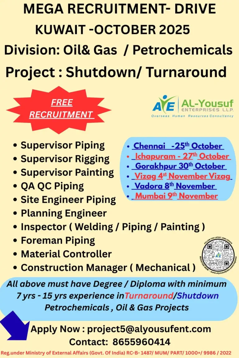 Gulf job- Oil & Gas / Petrochemical Shutdown / Turnaround vacancies in Kuwait. FREE Recruitment.