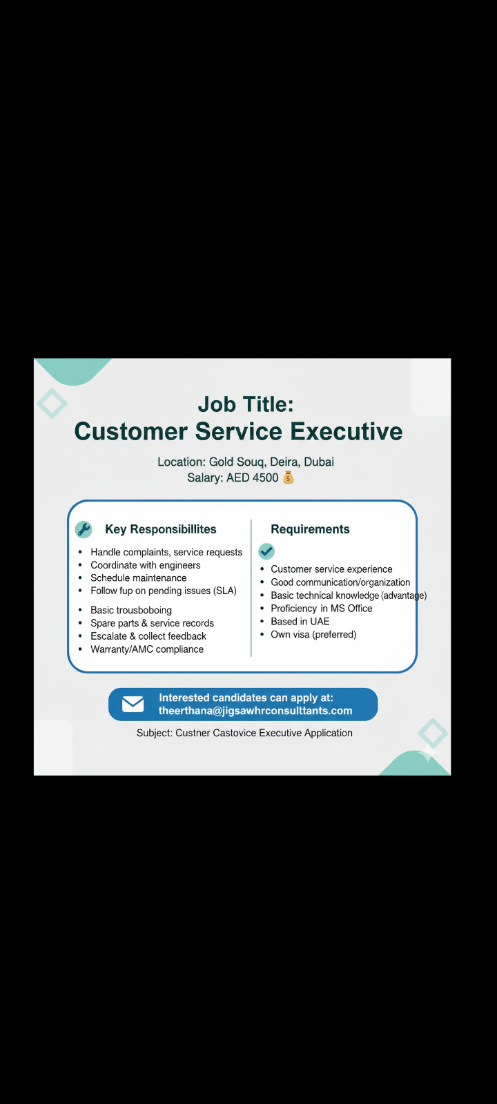 📢 Hiring – Customer Service Executive at Dubai