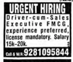 hiring driver cum sales executive