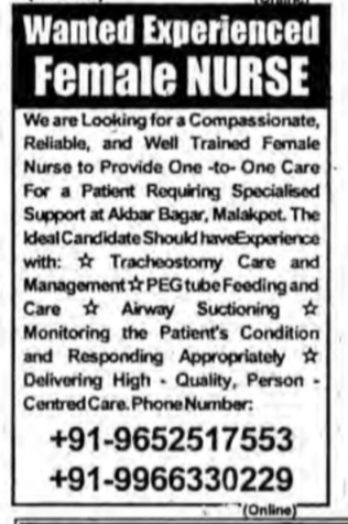Hiring Female nurse - HYD