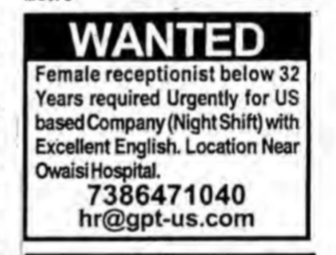🏢 Hiring Female Receptionist- HYD
