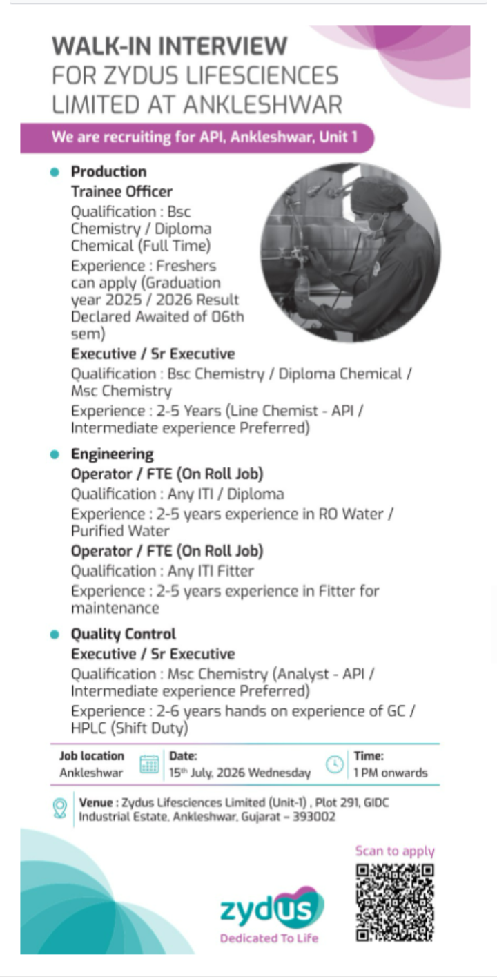 Hiring pharma Candidates in multiple departments