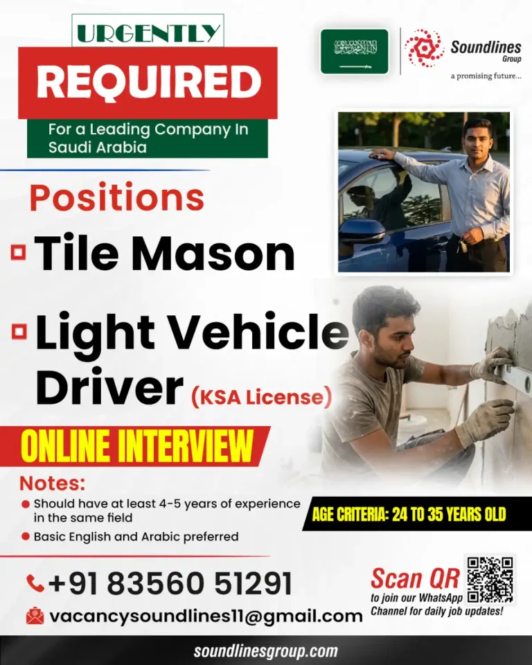 Hiring Tile Mason, Light Vehicle Driver in Saudi Arabia