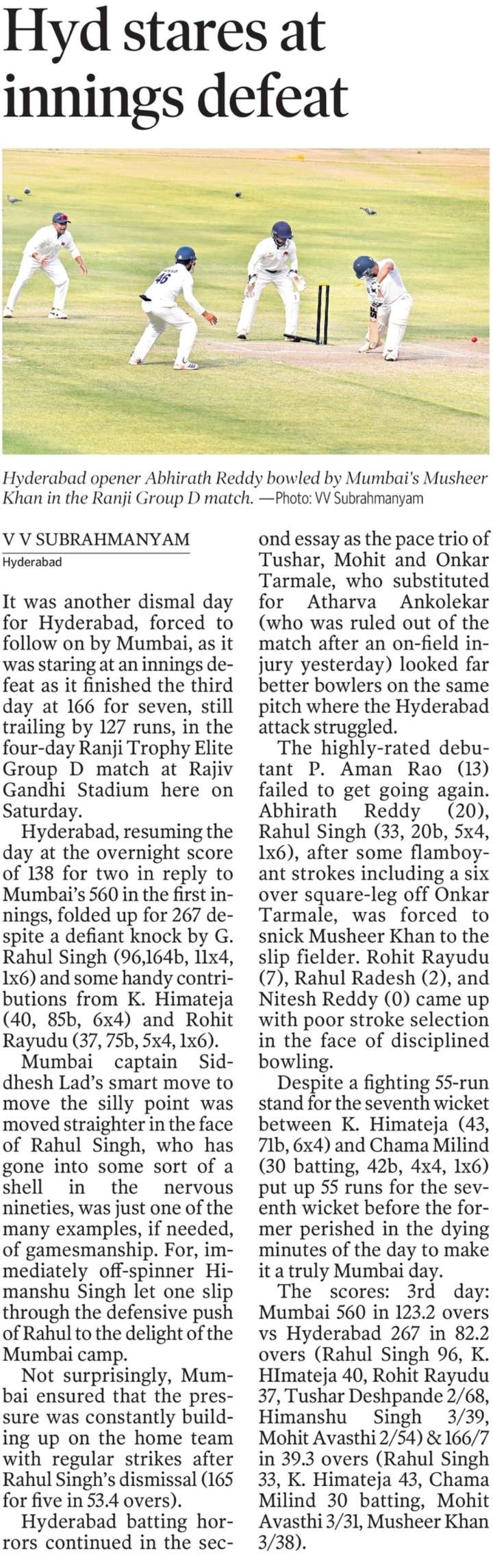 🏏 Hyderabad Stares at Innings Defeat vs Mumbai