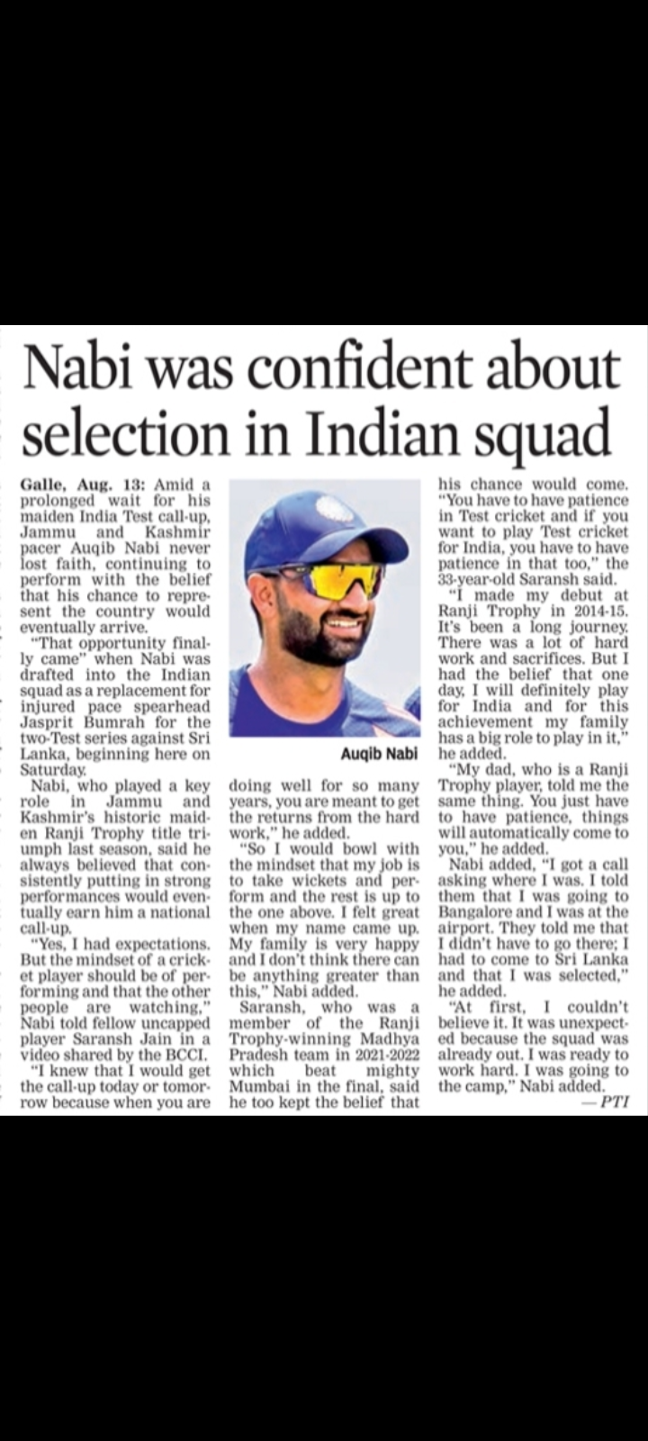 India Cricket – Auqib Nabi Selected for Sri Lanka Tests