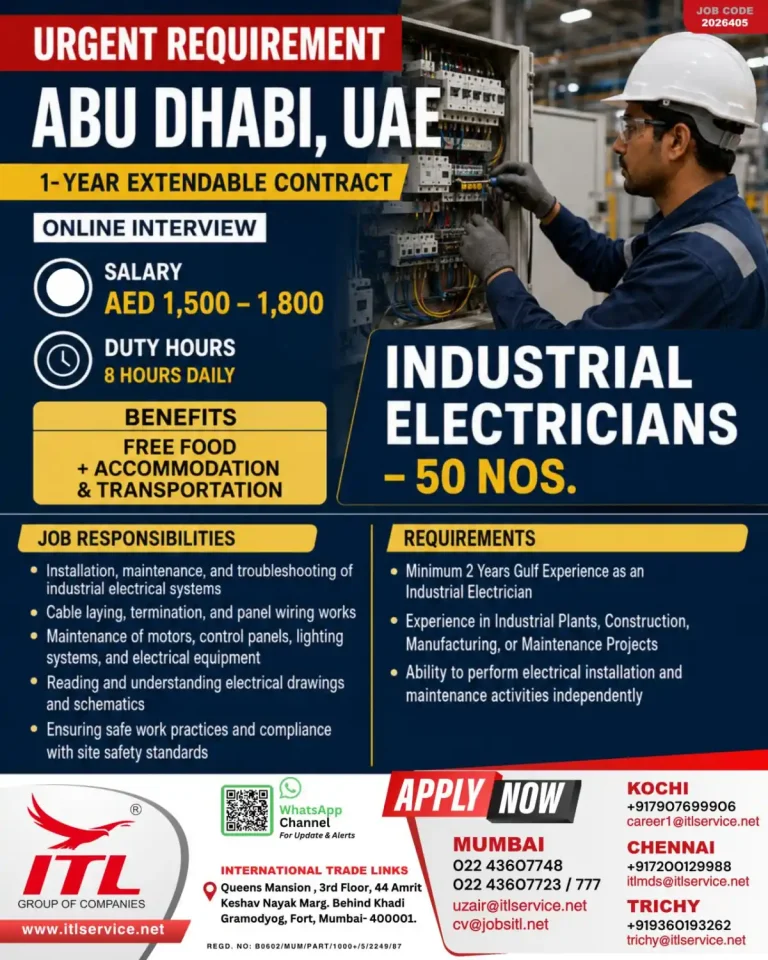 Industrial Electricians Required in Abu Dhabi, UAE 🇦🇪