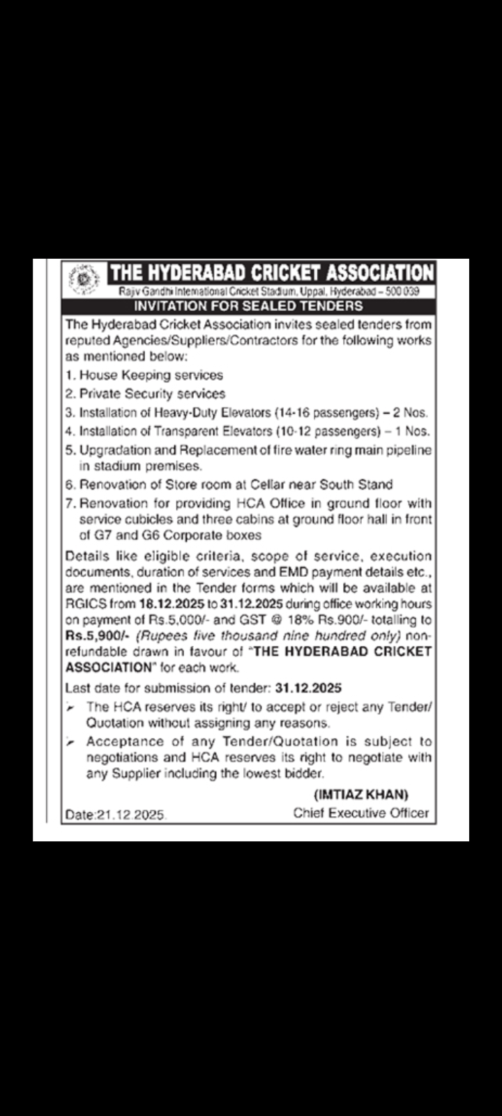 Invitation for Stadium Services and Infrastructure Tenders