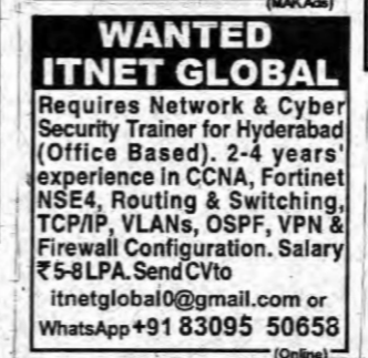 ITNET GLOBAL – Network & Cyber Security Trainer required