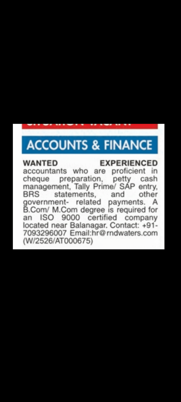 💼 Job Opportunity in Accounts & Finance 💼