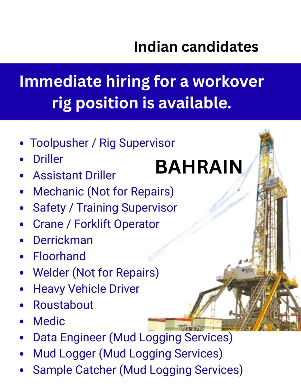 Workover Rig Positions Job opportunity in Bahrain