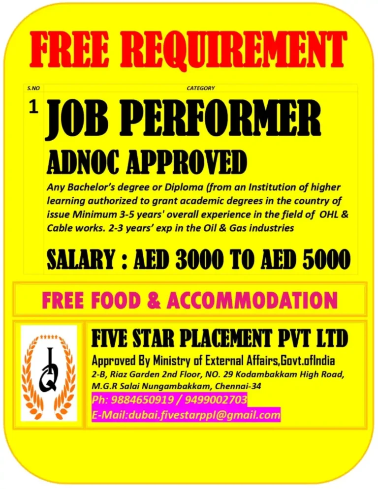 Job Performer (ADNOC Approved) – Free Recruitment