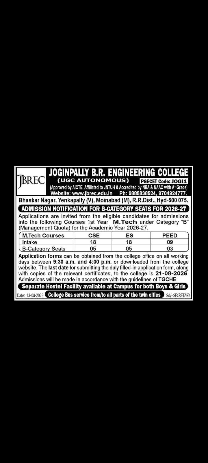 Joginpally B.R. Engineering College  Admission Notification for B-Category Seats