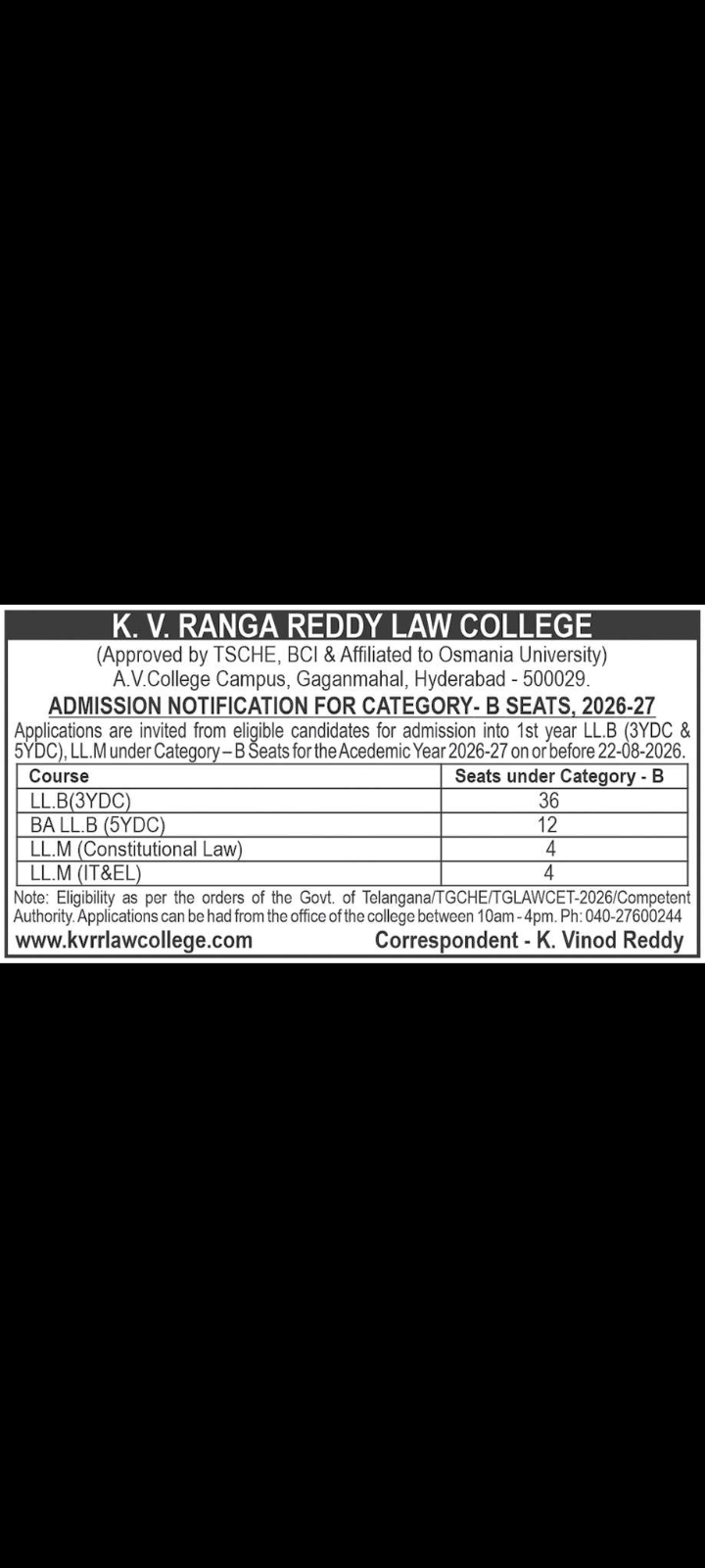 K. V. Ranga Reddy Law College Admission Notification – Category-B Seats