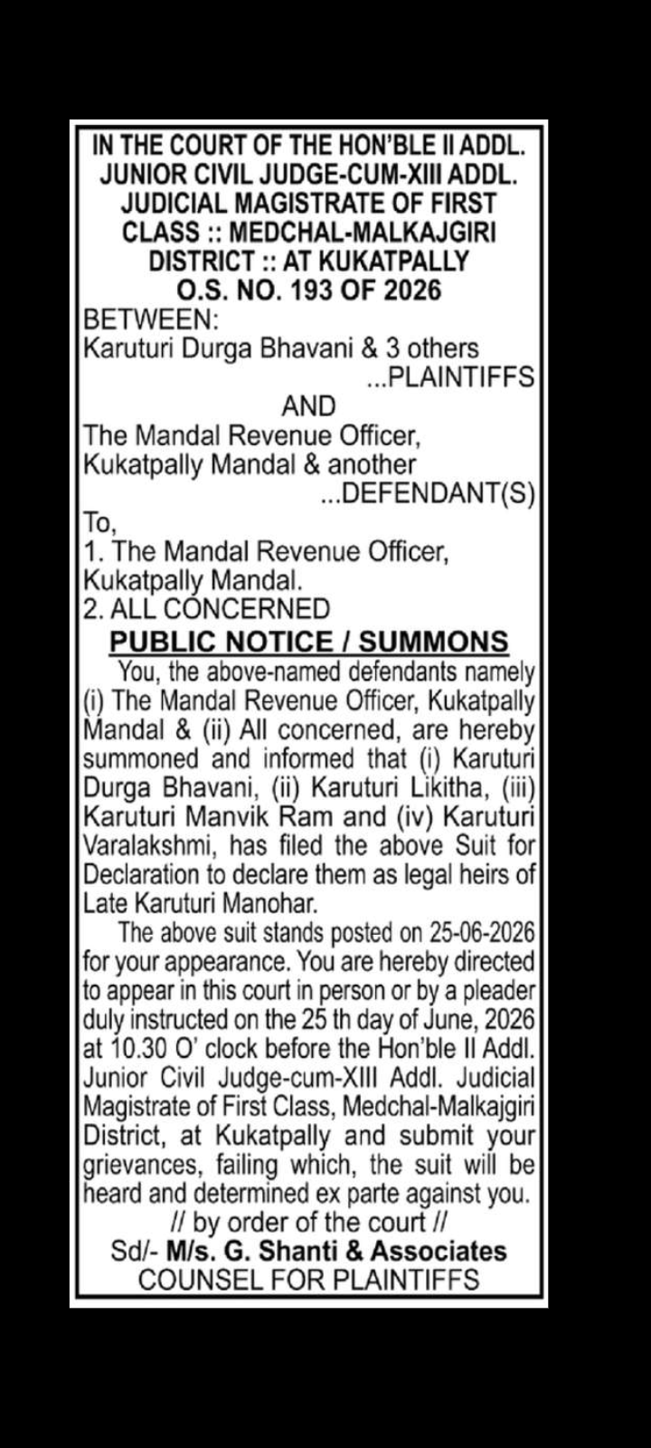 Kukatpally Court Summons