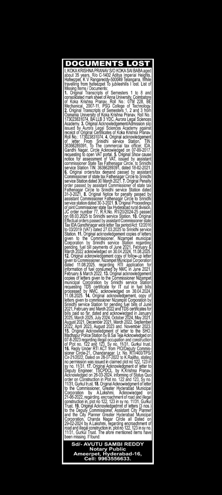 Lost Documents Notice ⚠️