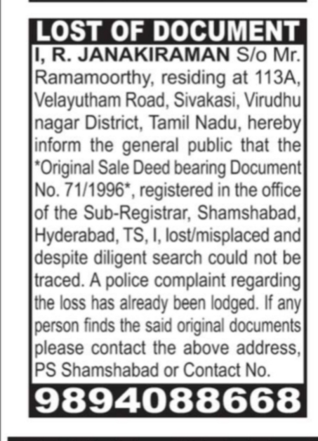 Lost Of Document Notice