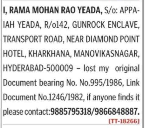 Lost Original & Link Sale Deeds – Rama Mohan Rao Yeada