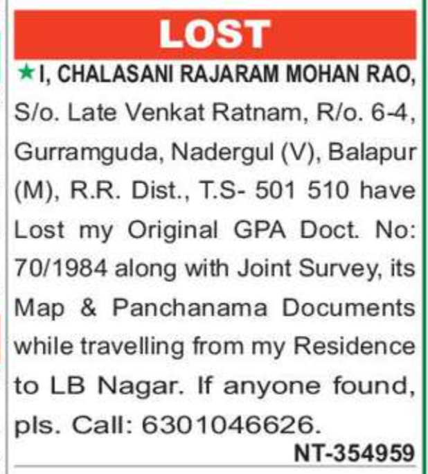 Lost property Documents