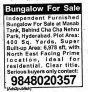 Luxury Fully Furnished  flat for sale in masab tank