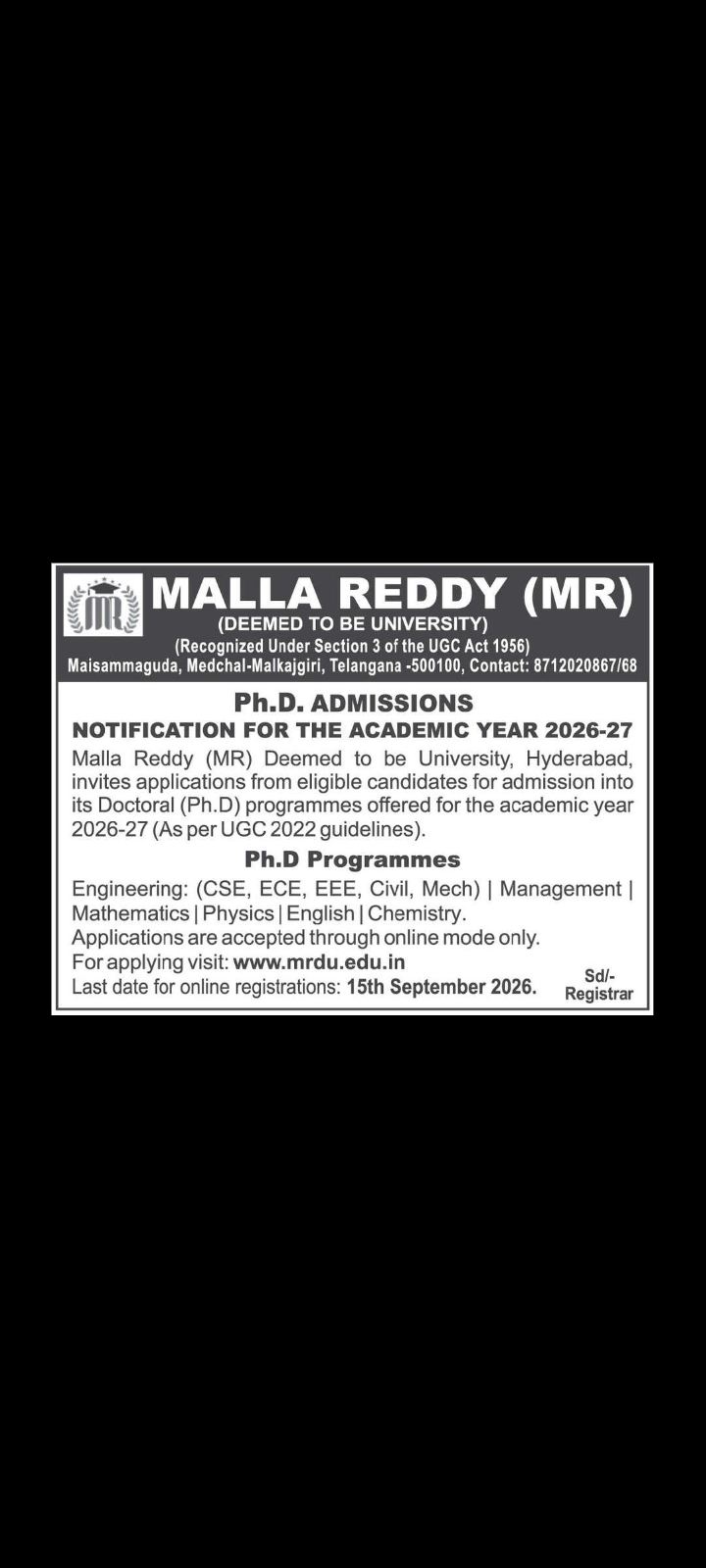 Malla Reddy Deemed to be University Admission Notification