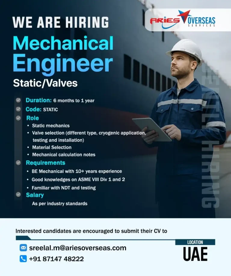 Mechanical Engineer – Static/Valves (UAE)