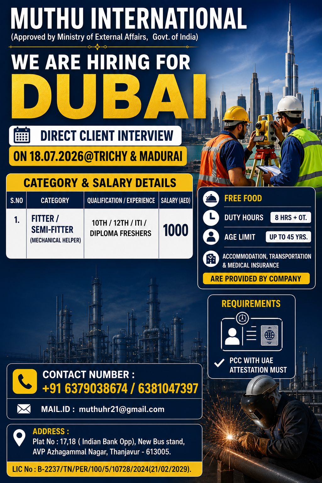 Mechanical Helpers / Fitters required in (Dubai 🇦🇪)