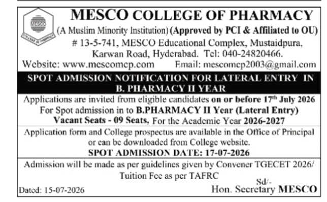 MESCO College of Pharmacy Spot Admission Notification 💊